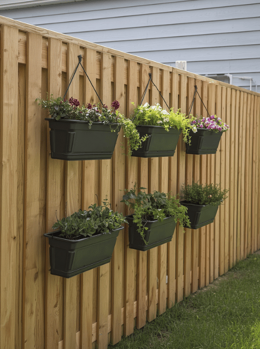 Hang planters on a fence - ★★★★★ Fence planters add greenery without using valuable ground space. Use lightweight containers and secure them so wind cannot knock them down.