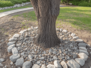 Use River Rocks Around a Tree River rocks can create a clean circle or irregular bed around a mature tree. Remove grass first, then cover the soil with a thin layer of landscape fabric before adding stones. Do not pile rocks against the trunk or cover the tree’s root flare. Leave room for air and water to reach the soil. Rating: ★★★★☆ - Neat and low-maintenance when installed carefully.