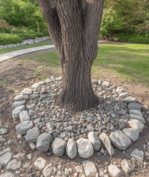 Use River Rocks Around a Tree River rocks can create a clean circle or irregular bed around a mature tree. Remove grass first, then cover the soil with a thin layer of landscape fabric before adding stones. Do not pile rocks against the trunk or cover the tree’s root flare. Leave room for air and water to reach the soil. Rating: ★★★★☆ - Neat and low-maintenance when installed carefully.