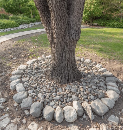 Use River Rocks Around a Tree River rocks can create a clean circle or irregular bed around a mature tree. Remove grass first, then cover the soil with a thin layer of landscape fabric before adding stones. Do not pile rocks against the trunk or cover the tree’s root flare. Leave room for air and water to reach the soil. Rating: ★★★★☆ - Neat and low-maintenance when installed carefully.