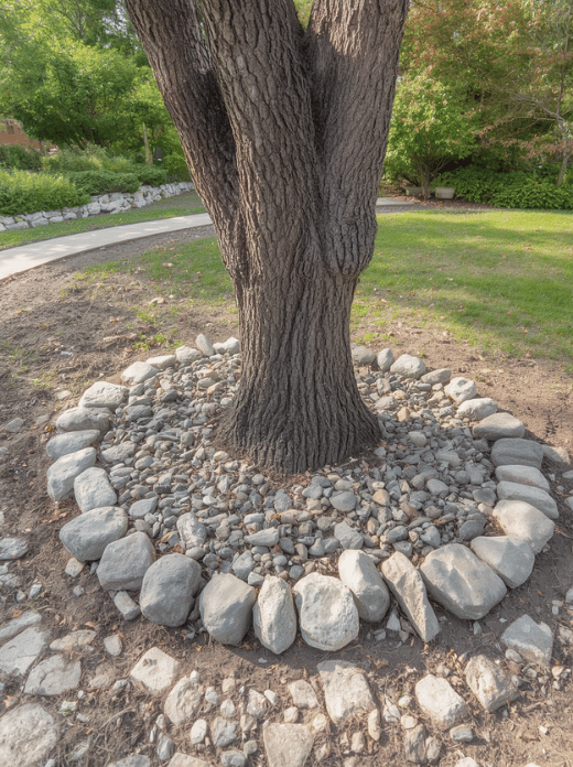 Use River Rocks Around a Tree River rocks can create a clean circle or irregular bed around a mature tree. Remove grass first, then cover the soil with a thin layer of landscape fabric before adding stones. Do not pile rocks against the trunk or cover the tree’s root flare. Leave room for air and water to reach the soil. Rating: ★★★★☆ - Neat and low-maintenance when installed carefully.
