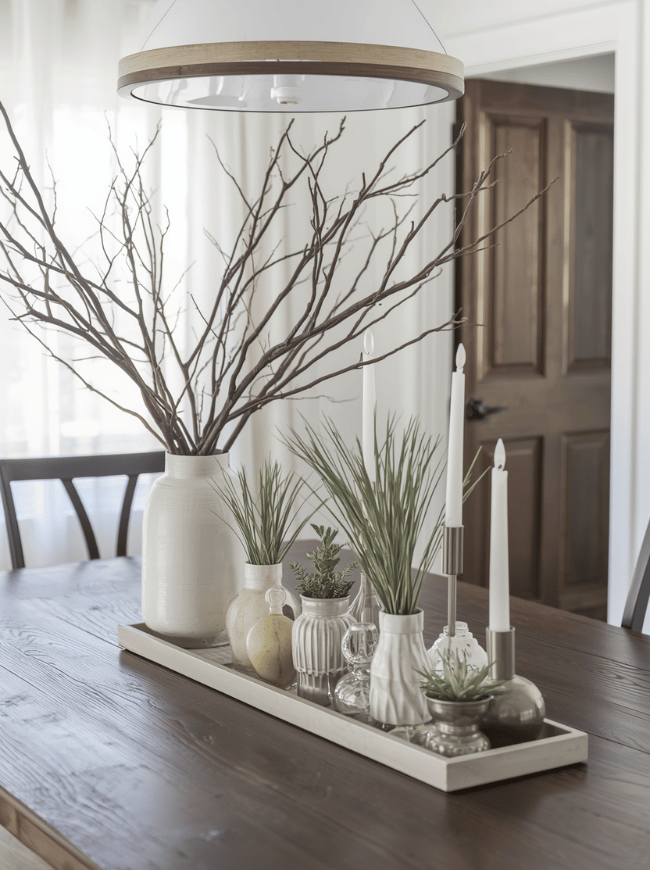 Style a Simple Table Centerpiece A dining table does not need a complicated arrangement to look attractive. In fact, a simple centerpiece is often more practical because it leaves room for serving dishes and does not block conversation. Try placing a low vase filled with branches, a bowl of seasonal fruit, or a narrow tray with candles and greenery in the center of the table. A group of small ceramic vases can create a collected look without taking up much space. Potted herbs are another useful option, especially in a dining area connected to the kitchen. Keep the height of the centerpiece in mind. Tall arrangements can look beautiful for special occasions, but everyday decor should generally stay low enough for people to see across the table. Choose one main arrangement and leave some empty space around it so the table does not look cluttered.