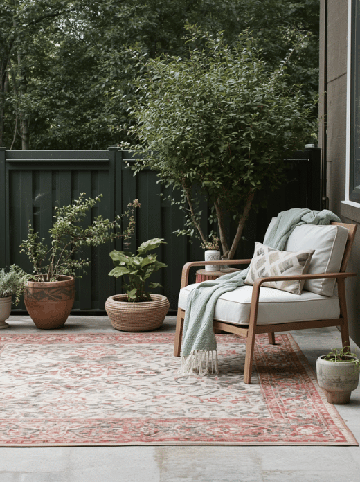Use a small outdoor rug - ★★★★☆ An outdoor rug helps define a seating area and adds color to a plain patio. Choose one designed to resist moisture and dry it after heavy rain.
