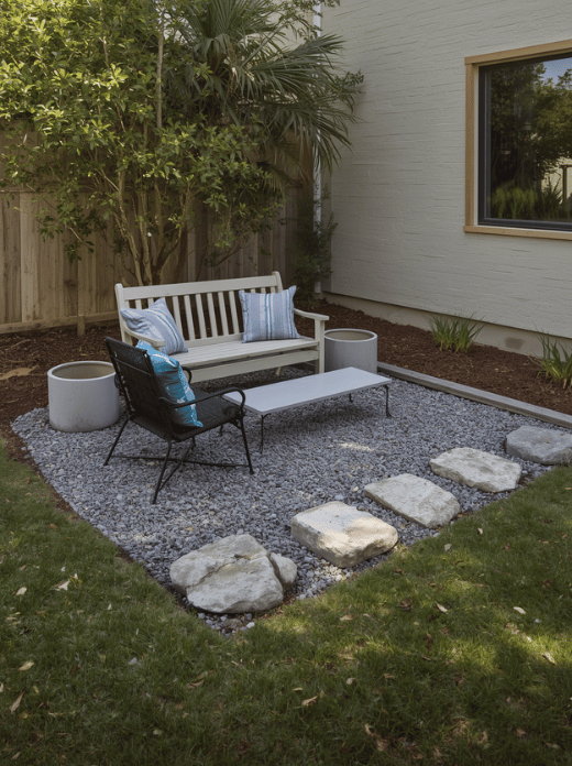 Make a Small Rock Seating Area Place a bench or two outdoor chairs on a compacted gravel surface. Add larger flat stones as informal side tables or use a planter to soften the area. Choose a stable base and check that chairs do not rock on the finished surface. Rating: ★★★★☆ - Turns an unused corner into a practical destination.