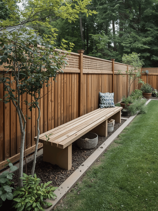 Build a Narrow Bench Along the Fence A long, narrow bench can provide seating without taking up the width needed for a table and chairs. Choose a bench with storage underneath or add baskets for outdoor cushions and gardening tools. Leave enough space between the bench and nearby plants for cleaning and maintenance. Rating: ★★★★★ - Makes good use of the backyard perimeter.