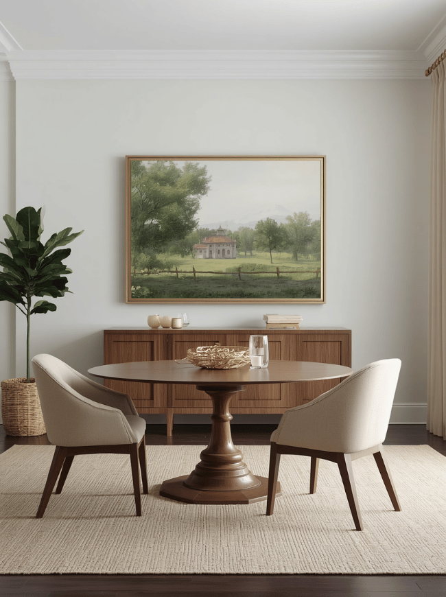 Hang Oversized Artwork One large piece of artwork can give a dining room a polished appearance without requiring a full gallery wall. It also creates a clear focal point on a blank wall. Choose artwork that reflects the mood you want in the room. Botanical prints and landscape paintings bring a natural feeling, while abstract artwork can make the space feel more modern. Vintage posters, framed textiles, and simple black-and-white prints are also attractive choices. The artwork does not need to match the furniture exactly. Instead, look for one or two colors that connect with the rug, curtains, chairs, or table accessories. Hang the piece at a comfortable viewing height and make sure its scale suits the wall. A small print can disappear above a large sideboard, while oversized art can overwhelm a narrow wall.