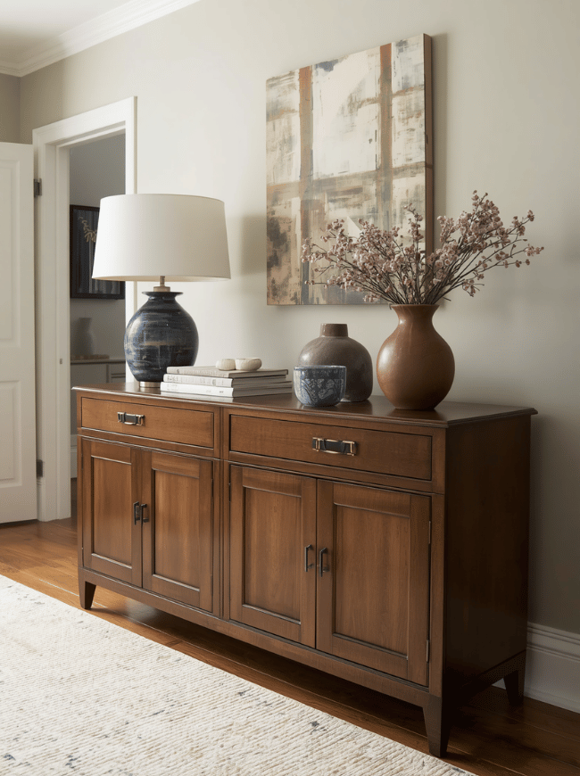 Add a Sideboard or Buffet A sideboard provides useful storage and gives you another surface to decorate. It can hold serving dishes, table linens, glassware, and other items that you want close to the dining area but out of sight. Use the top of the sideboard for a lamp, a large vase, artwork, or a small collection of decorative objects. Avoid filling every inch of the surface. Leaving some open space makes the arrangement look more deliberate. If a full buffet is too large for the room, use a narrow console table instead. In a small dining room, a wall-mounted cabinet or slim storage unit can provide similar function without taking up as much floor space. Choose furniture with doors or drawers if you want to keep the room looking calm and uncluttered.