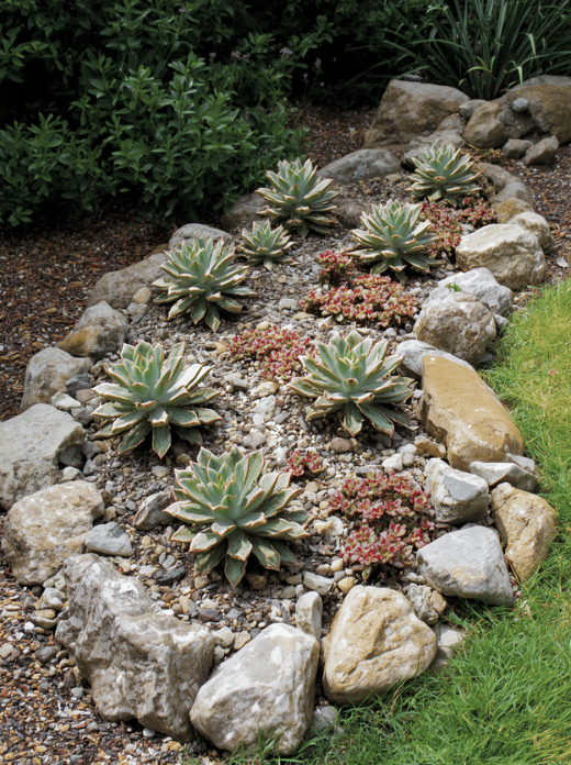 Create a Succulent Rock Bed Succulents often work well in sunny, well-drained rock beds. Use a fast-draining soil mix and place stones around, rather than directly on top of, the plants. In cold or wet regions, choose varieties that can tolerate local conditions or grow them in movable containers. Rating: ★★★★☆ - Attractive and water-conscious where conditions are suitable.