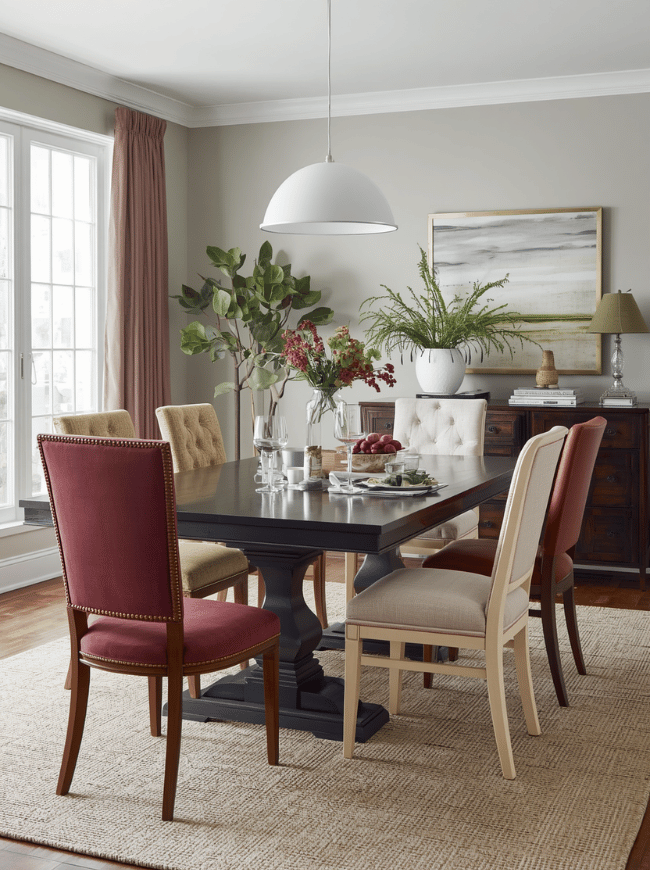 Mix Dining Chairs for More Character Matching dining chairs create a tidy appearance, but mixing different chairs can give the room more personality. The key is to create a connection between the pieces so the result looks intentional. You could use matching chairs along the long sides of the table and different chairs at each end. Upholstered end chairs can add comfort and distinction, while simple wood chairs keep the room practical. You can also combine chairs in two related colors or use different styles made from the same material. To make mixed seating work, repeat at least one element throughout the room. This might be a shared color, similar wood tone, matching chair height, or a common shape. The table, rug, and lighting should also help tie the different pieces together.