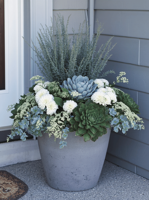 White mum, silver foliage, and ornamental kale